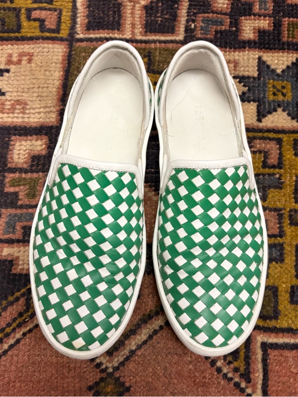 Freda Salvador Eddy D’Orsay White and Green Woven Slip-On Sneakers